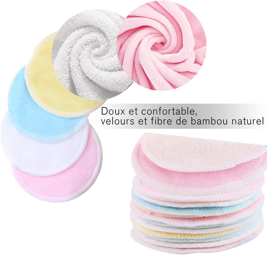 Tampons Démaquillants Fibre De Bambou丨Disques Coton Demaquillant Lavable丨16Pcs+ 2 Sac De Lavage丨Matériau En Fibre De Bambou Souple 丨Lavable Et Réutilisable