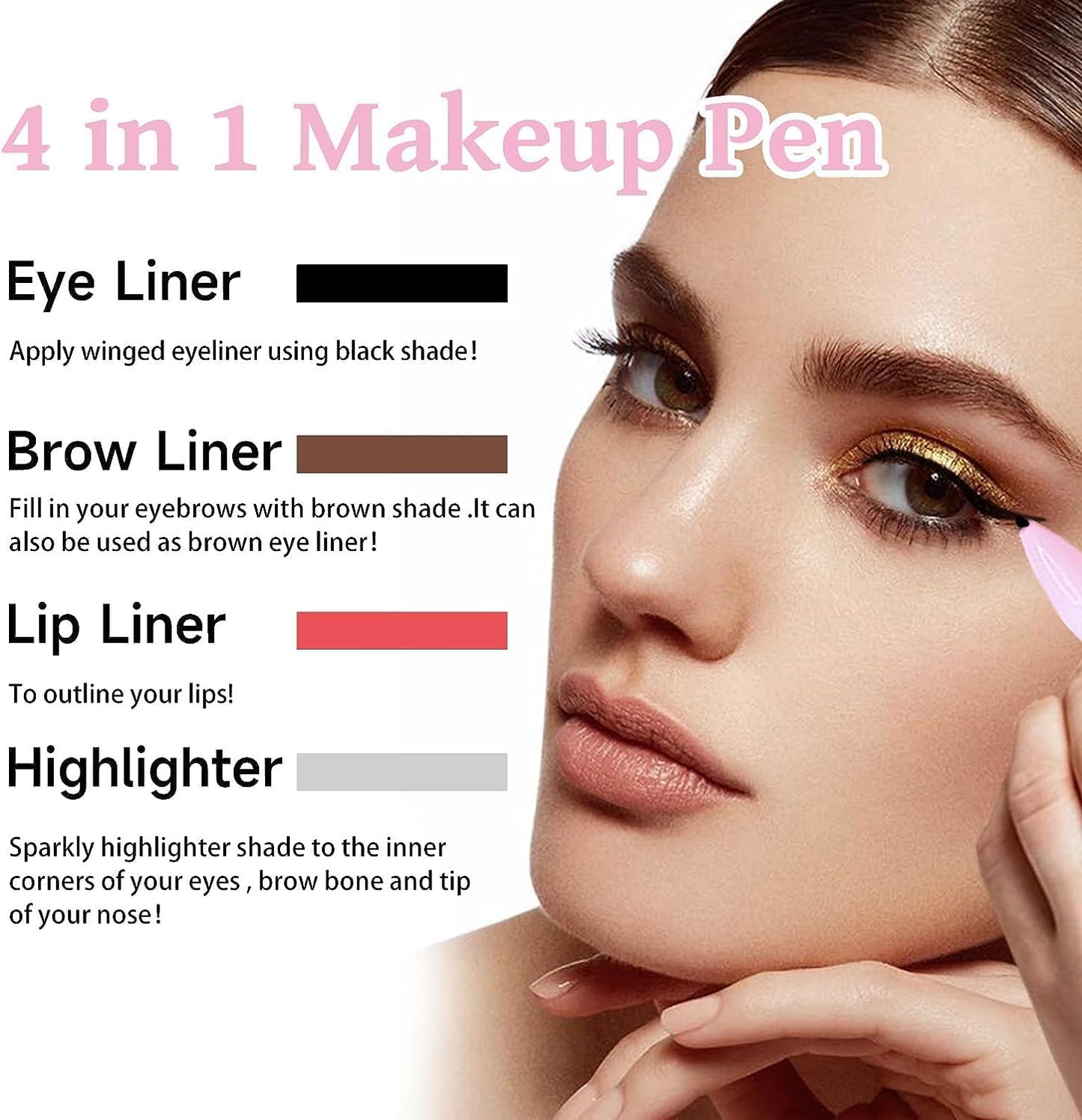 Crayon Maquillage 4 En 1, Stylo Multifonctionnel, 4 Couleurs, Sourcils, Eyeliner, Lèvres Et Surbrillance