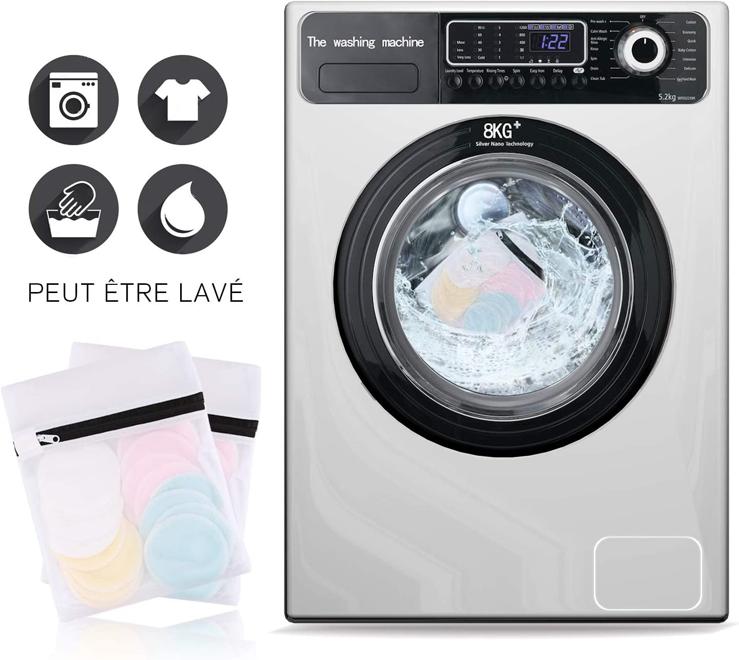 Tampons Démaquillants Fibre De Bambou丨Disques Coton Demaquillant Lavable丨16Pcs+ 2 Sac De Lavage丨Matériau En Fibre De Bambou Souple 丨Lavable Et Réutilisable